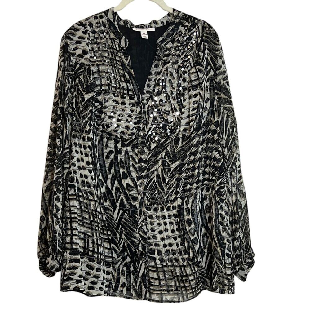 JM Collection Womens Blouse Size 18W Black Beige Sequined Lined Sheer Chiffon